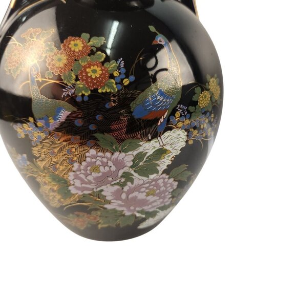 Vintage Black Ceramic Vase With Floral & Peacock Motif Gold Accents Decorative D - Picture 4 of 16